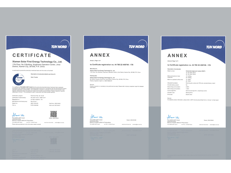 SolFirsTech's Tracking System Horizon Series Products obtained IEC62817 Certificate